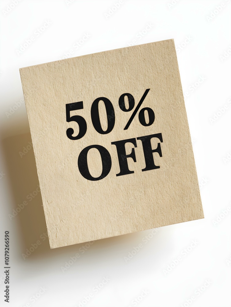 Black '50% OFF' Text on a Khaki Square Paper Note. White Background Black '50% OFF' Text on a Khaki Square Paper Note. White Background