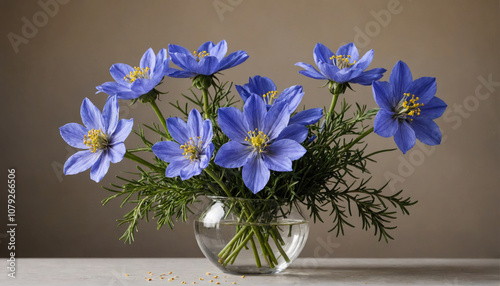 A bouquet of blue flowers in a clear vase sits on a white table