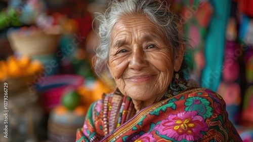 Against vibrant backgrounds, a dignified grandma's peaceful smile radiates with the serenity and fulfillment of a life well-lived