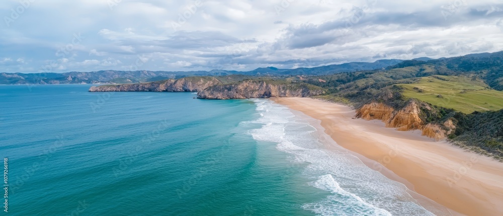 Fototapeta premium A view of a beach with a body of water and mountains in the background