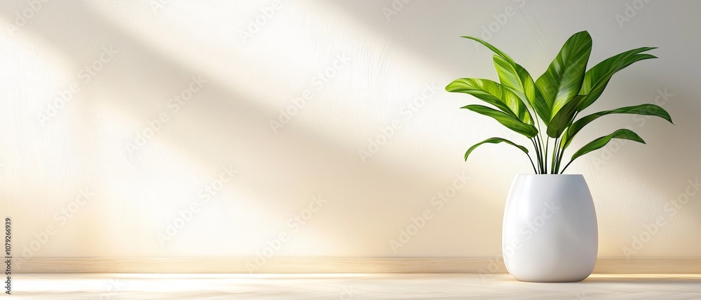 A white vase with a green plant in it on a wooden floor A white vase with a green plant in it on a wooden floor