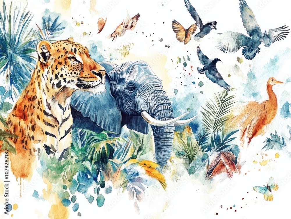 Obraz premium Wildlife Watercolor: African Animals and Nature Elements
