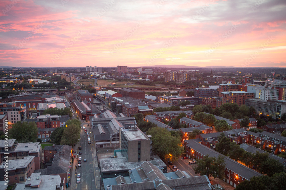 Aerial view of the skyline of Manchester at dusk