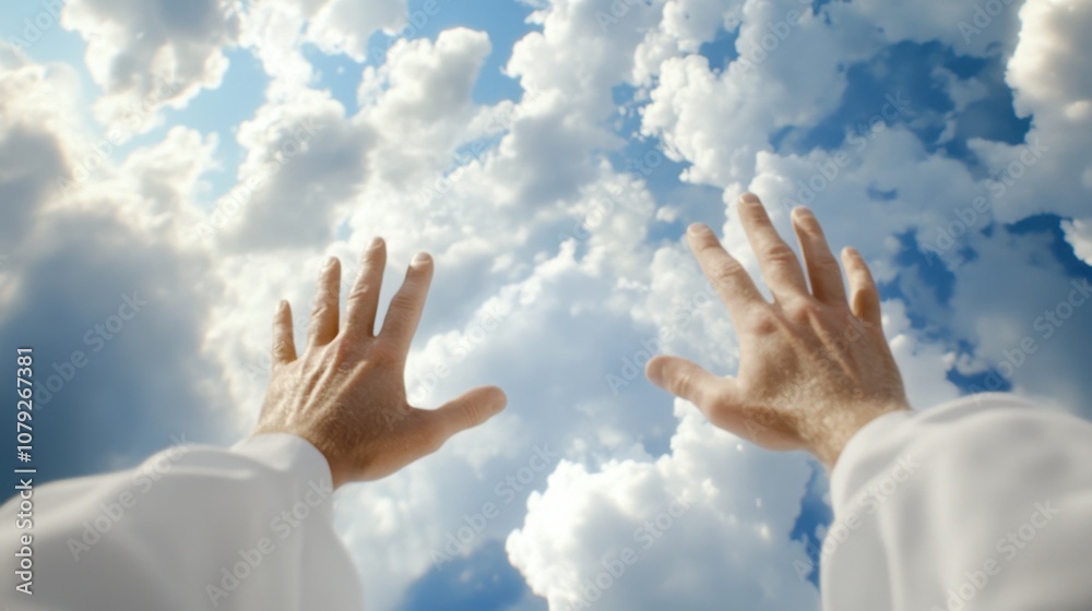 Two hands reaching up toward a bright sky filled with clouds, evoking feelings of hope, aspiration, and spirituality. Two hands reaching up toward a bright sky filled with clouds, evoking feelings of hope, aspiration, and spirituality.