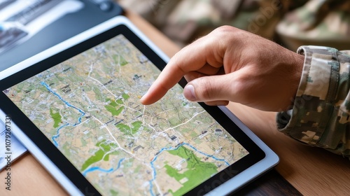 Close-up of a military person’s hand pointing to a map on a tablet, symbolizing strategic planning and navigation.