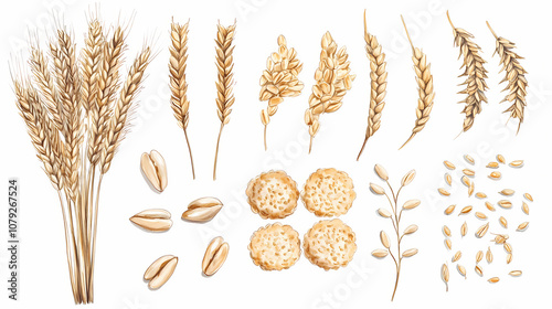 Ancient grain goodness organic spelt kernels and wheat ear isolated on white top view photo. Organic. Illustration
