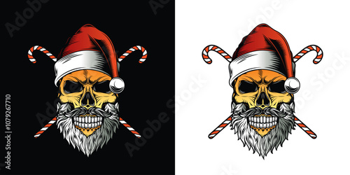 Skull with beard and mustache in Santa Claus hat. Christmas and New Year poster. Original vector illustration in vintage style. T-shirt design.