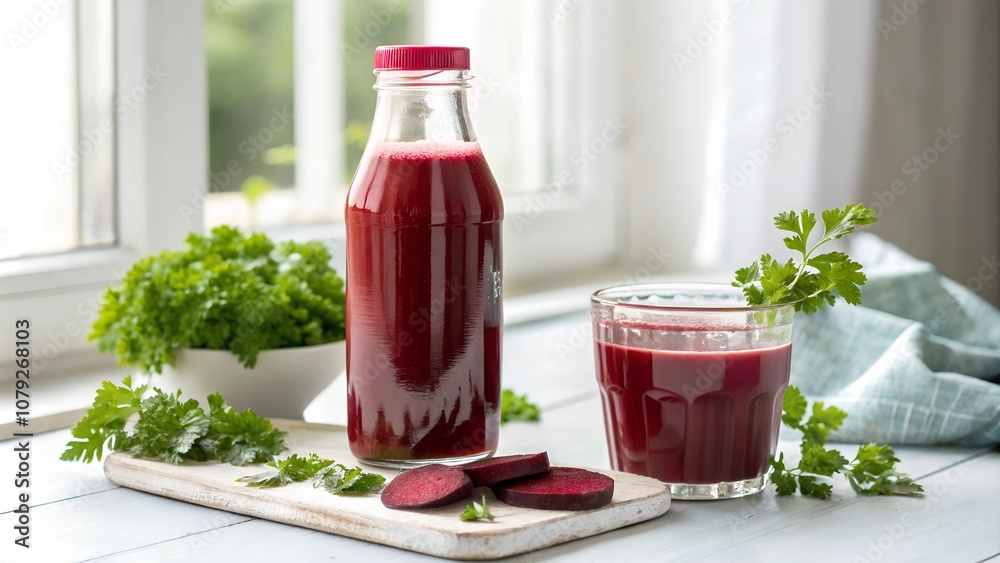 Bottle and glass of beetroot juice with parsley garnish Bottle and glass of beetroot juice with parsley garnish