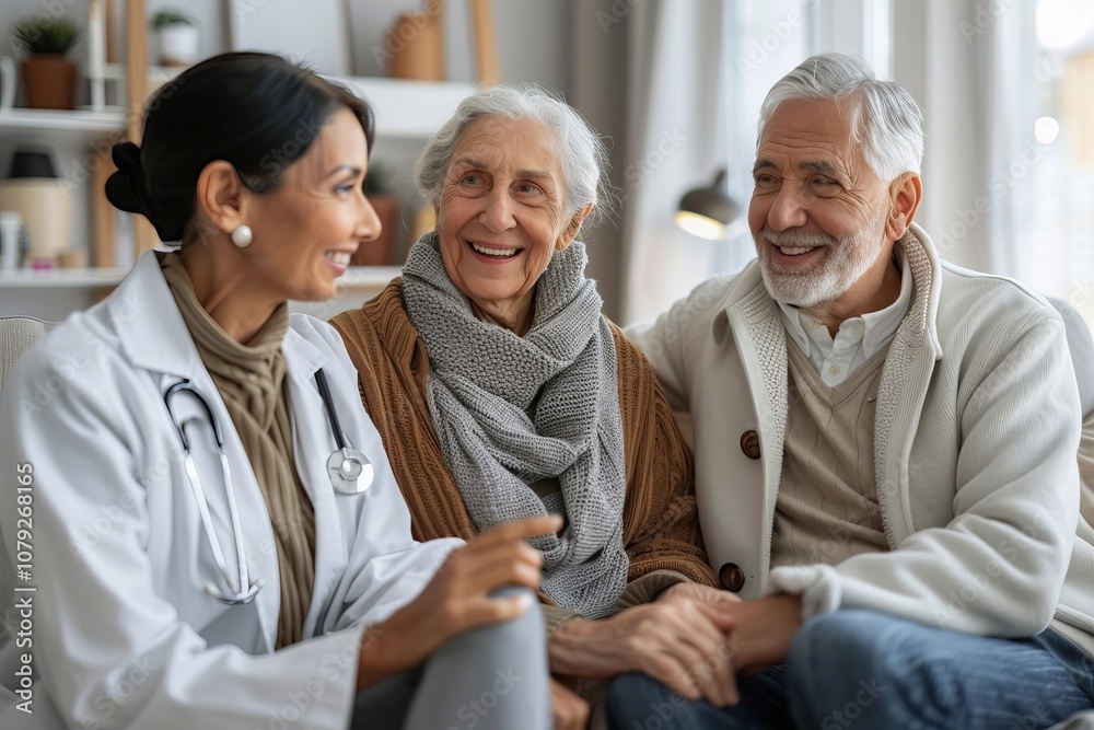 Elderly Couple Engage in Conversation with Female Caregiver for Health Check-up in Nursing Home Living Room