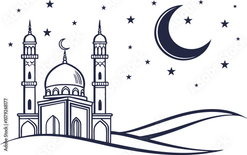 Mosque Under Night Sky with Crescent Moon