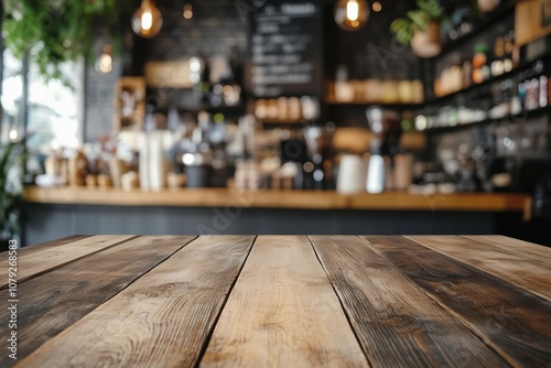 Wooden tabletop with blurred coffee shop background