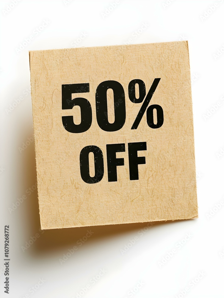 Black '50% OFF' Text on a Light Brown Square Paper Note. White Background Black '50% OFF' Text on a Light Brown Square Paper Note. White Background
