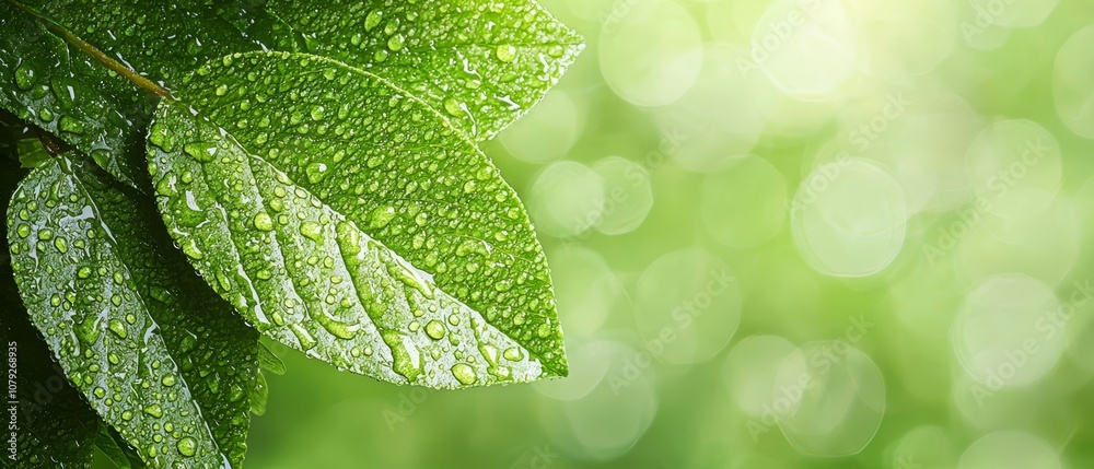 A close up of a green leaf with water droplets on it A close up of a green leaf with water droplets on it