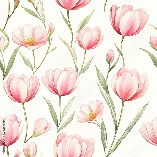A delicate floral pattern featuring various pink tulips on a soft white background, evoking a fresh and serene atmosphere.