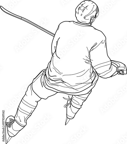 Canvas Print HOCKEY PLAYER back, Skater from behind, view from above, line drawing, illustrat