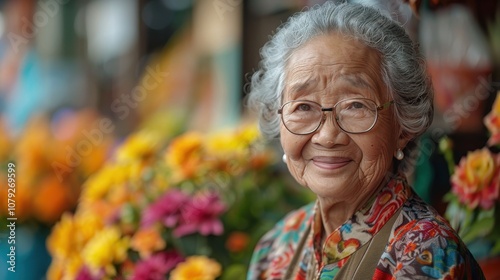 Against vibrant backgrounds, a dignified grandma's peaceful smile radiates with the serenity and fulfillment of a life well-lived