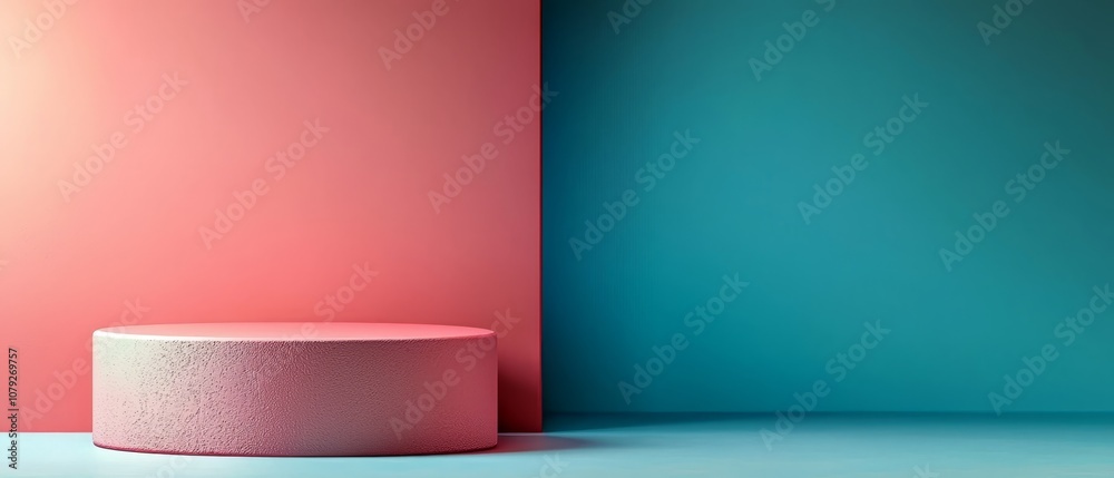 A pink and blue side table in front of a pink and turquoise wall A pink and blue side table in front of a pink and turquoise wall