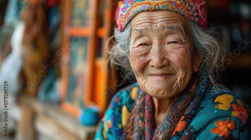 Against vibrant backgrounds, a dignified grandma's peaceful smile radiates with the serenity and fulfillment of a life well-lived