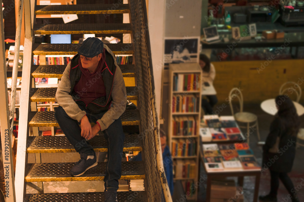 Adult male sitting on stairs dressed in casual clothes in a room with shelves full of books. Adult male sitting on stairs dressed in casual clothes in a room with shelves full of books.