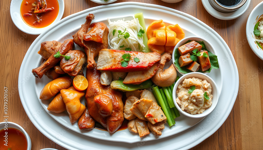 Top view food platter combo set of traditional Cantonese yum-cha Asian gourmet cuisine meal food dish on the white serving plate on the table, includes dishes of duck, pork, fish, chicken, vegetable Top view food platter combo set of traditional Cantonese yum-cha Asian gourmet cuisine meal food dish on the white serving plate on the table, includes dishes of duck, pork, fish, chicken, vegetable