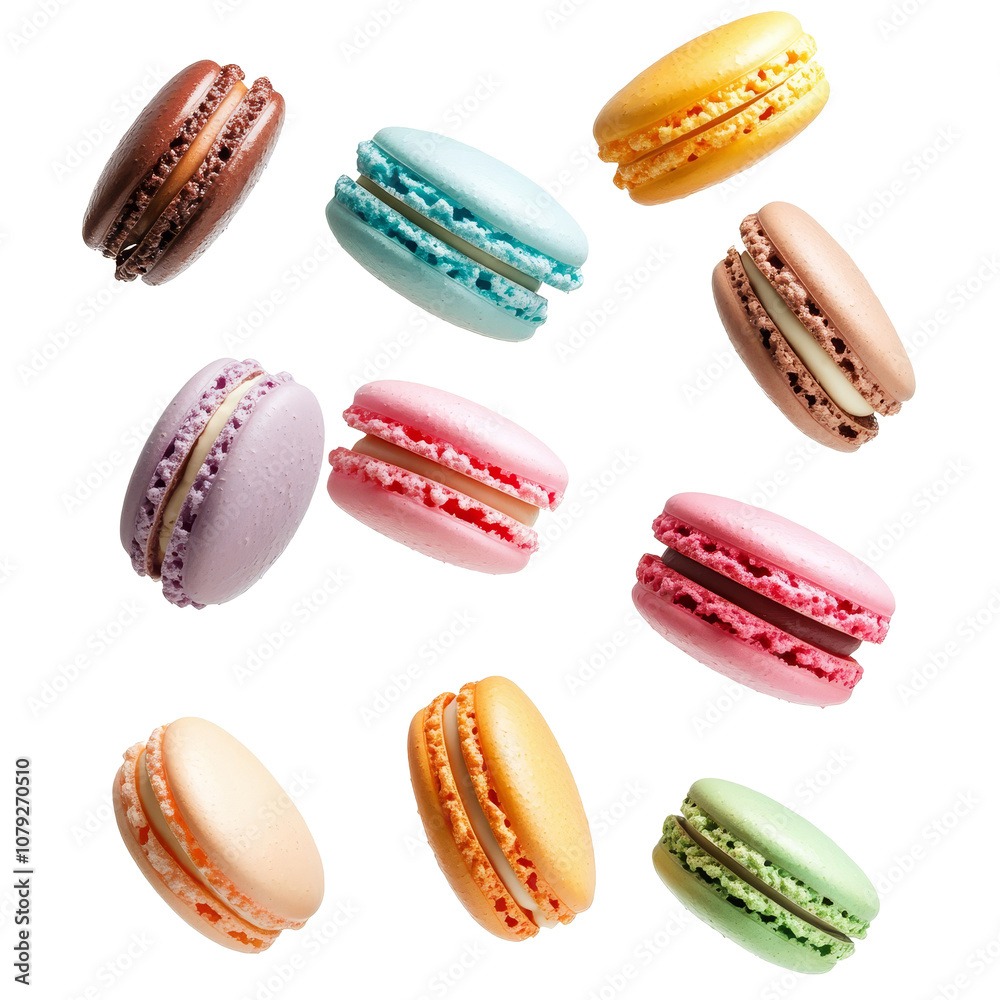 Colorful macarons floating gracefully in the air against a clean transparent background, various colorful of macarons floating on the air isolated on transparent backgroud Colorful macarons floating gracefully in the air against a clean transparent background, various colorful of macarons floating on the air isolated on transparent backgroud