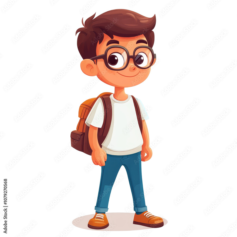 Cartoon character of a cheerful schoolboy with glasses, standing confidently against a plain background, ready for school adventures, Cartoon Student Kids Character transparent background Cartoon character of a cheerful schoolboy with glasses, standing confidently against a plain background, ready for school adventures, Cartoon Student Kids Character transparent background