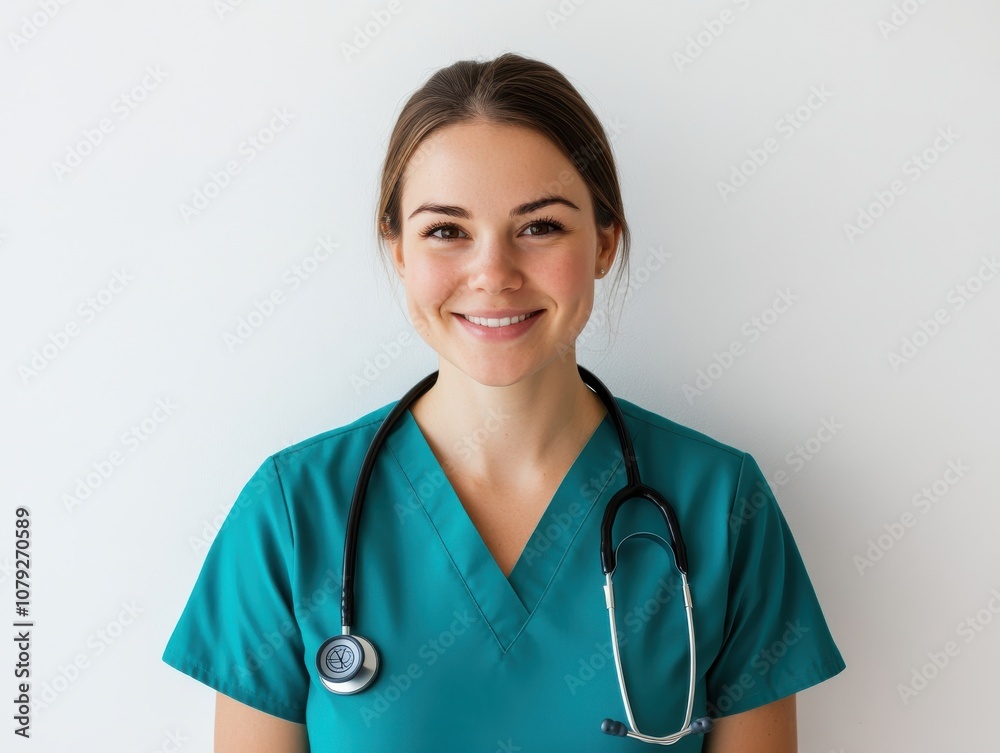 Professional Nurse in Teal Scrubs with Stethoscope Professional Nurse in Teal Scrubs with Stethoscope