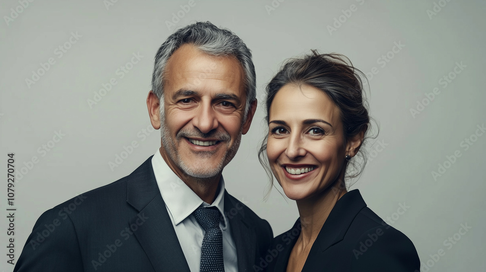 Two smiling professionals dressed in business attire. Two smiling professionals dressed in business attire.