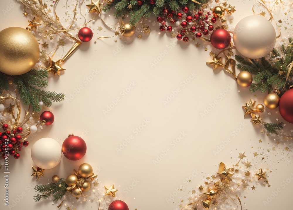 Elegant Christmas Background with Festive Border of Ornaments and Pine Branches. Elegant Christmas Background with Festive Border of Ornaments and Pine Branches.