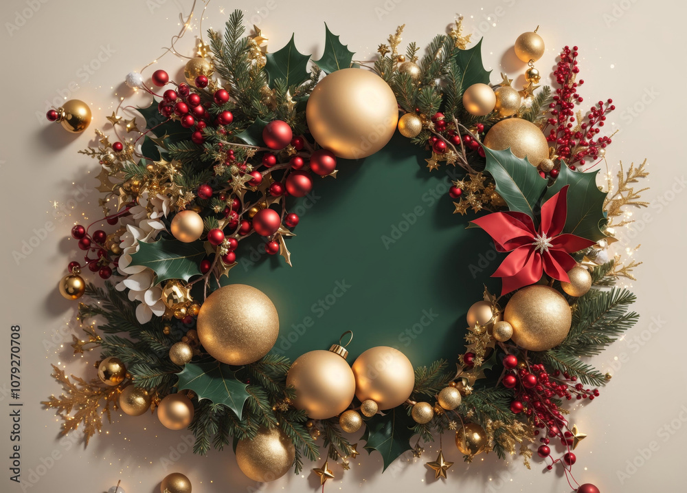 Elegant Christmas Background with Festive Border of Ornaments and Pine Branches. Elegant Christmas Background with Festive Border of Ornaments and Pine Branches.