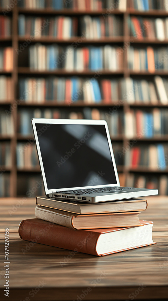 Laptop computer placed on a stack of books in a library, representing the blend of traditional and digital learning resources Laptop computer placed on a stack of books in a library, representing the blend of traditional and digital learning resources