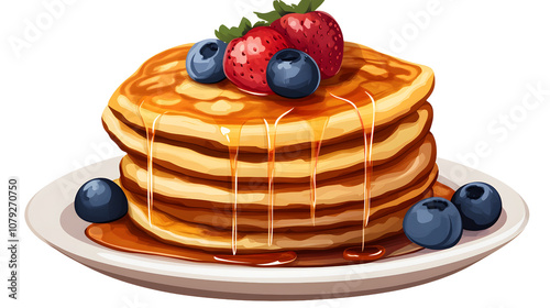 A stack of fluffy pancakes with syrup dripping down on a white background photo