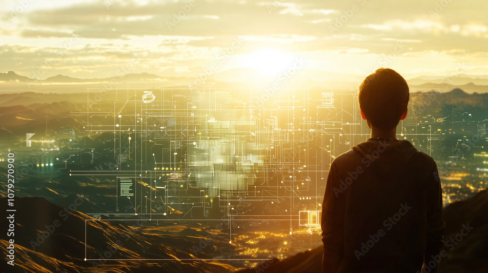 A child gazes at a futuristic landscape illuminated by a glowing sunset. A child gazes at a futuristic landscape illuminated by a glowing sunset.
