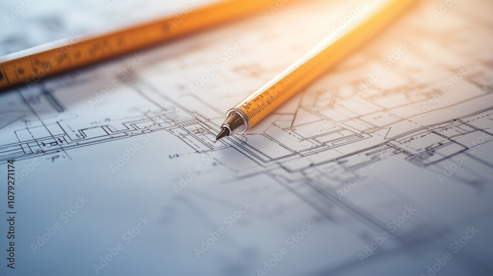 Detailed architectural blueprint with a pencil and ruler placed nearby.