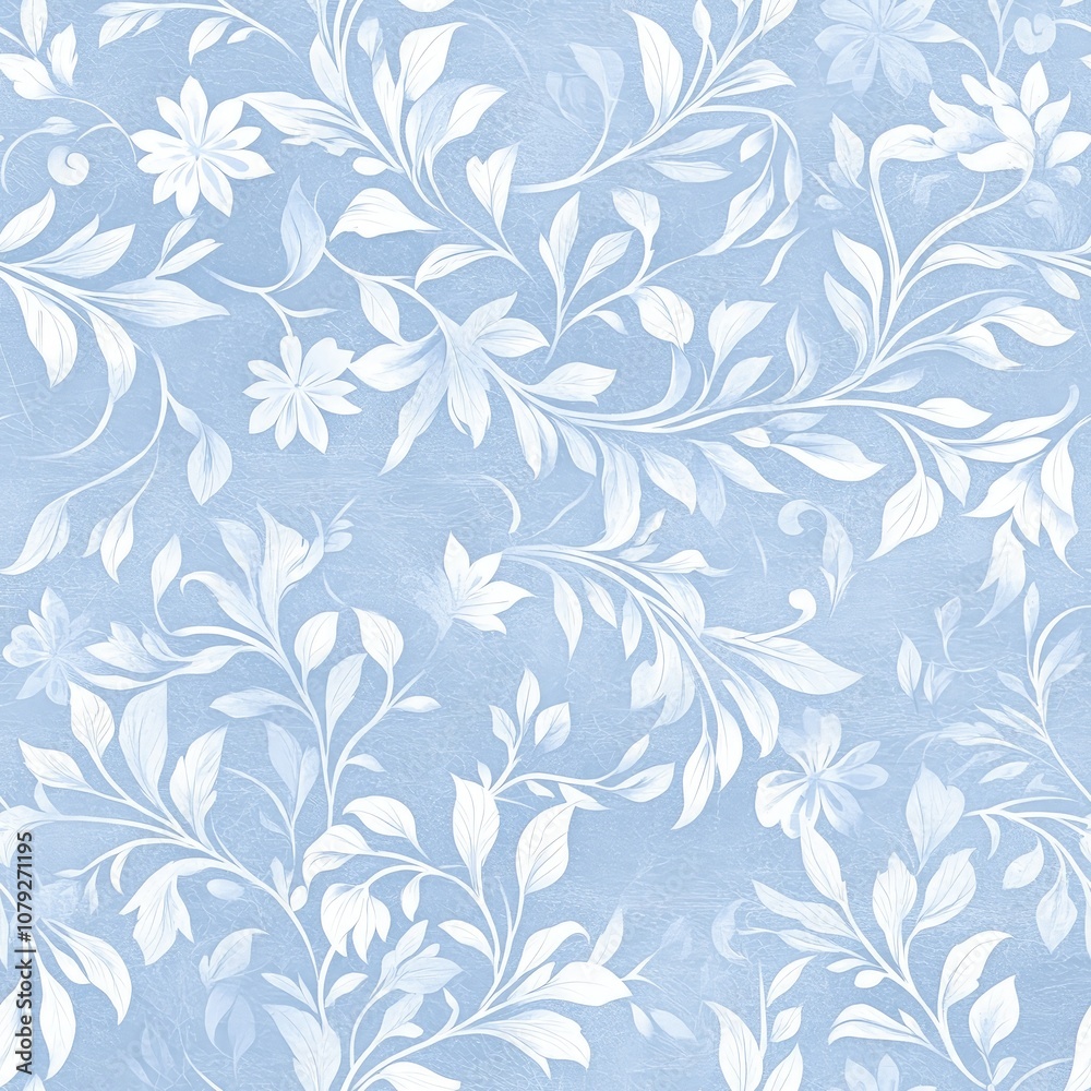 A delicate floral pattern in white on a soft blue background, featuring intricate leaves and blossoms. A delicate floral pattern in white on a soft blue background, featuring intricate leaves and blossoms.