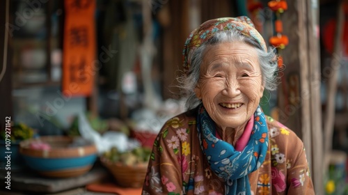 Against vibrant backgrounds, a dignified grandma's peaceful smile radiates with the serenity and fulfillment of a life well-lived