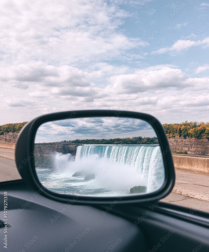Reflection of Waterfall in Side Mirror of Car Reflection of Waterfall in Side Mirror of Car
