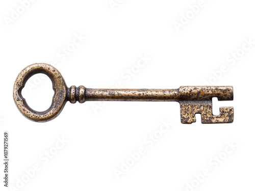 Old rusty brass key isolated over transparent background, PNG cut-out