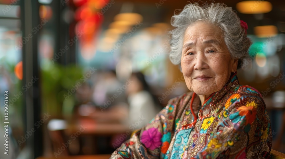 Against vibrant backgrounds, a dignified grandma's peaceful smile radiates with the serenity and fulfillment of a life well-lived Against vibrant backgrounds, a dignified grandma's peaceful smile radiates with the serenity and fulfillment of a life well-lived
