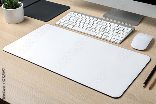White Mouse Pad Desk Mat Blank Mockup on Clean Workspace.