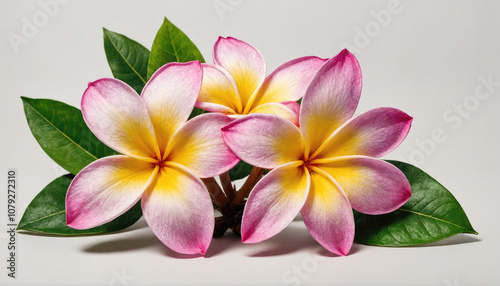 Three pink and yellow plumeria flowers with green leaves are arranged on a white background