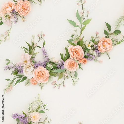 A delicate arrangement of soft peach roses and greenery adorns a light background, creating a serene and elegant floral composition.