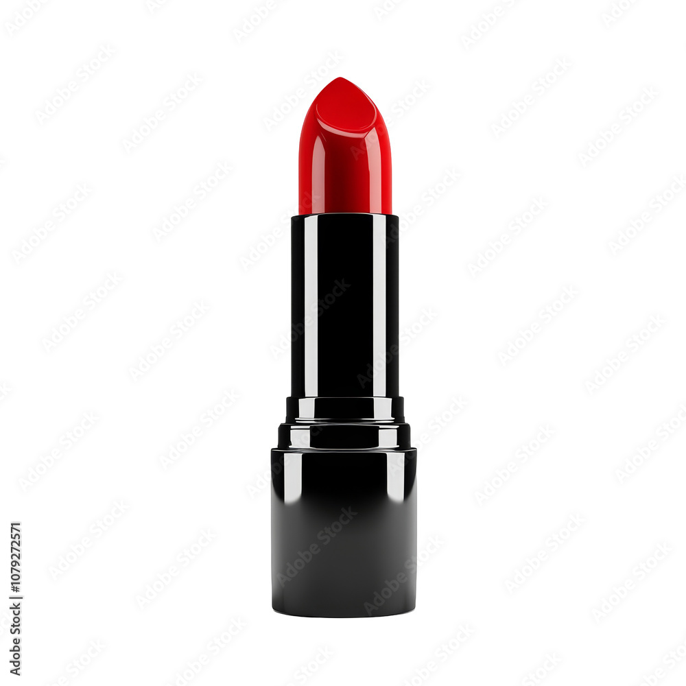 Bright red lipstick in a sleek black casing set against a clean transparent background for beauty and cosmetics enthusiasts, Red lipstick isolated on transparent background, 3D render. Bright red lipstick in a sleek black casing set against a clean transparent background for beauty and cosmetics enthusiasts, Red lipstick isolated on transparent background, 3D render.