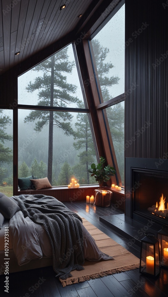 a bedroom with a large window that has a view of the forest. a bedroom with a large window that has a view of the forest.