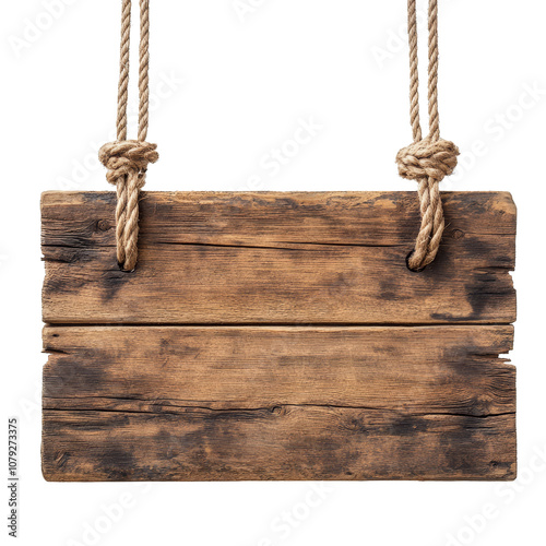 Rustic wooden signboard with hanging ropes ideal for outdoor settings, cafes, or marketing purposes, Rustic Wooden Signboard with Hanging Ropes isolated on transparent background photo