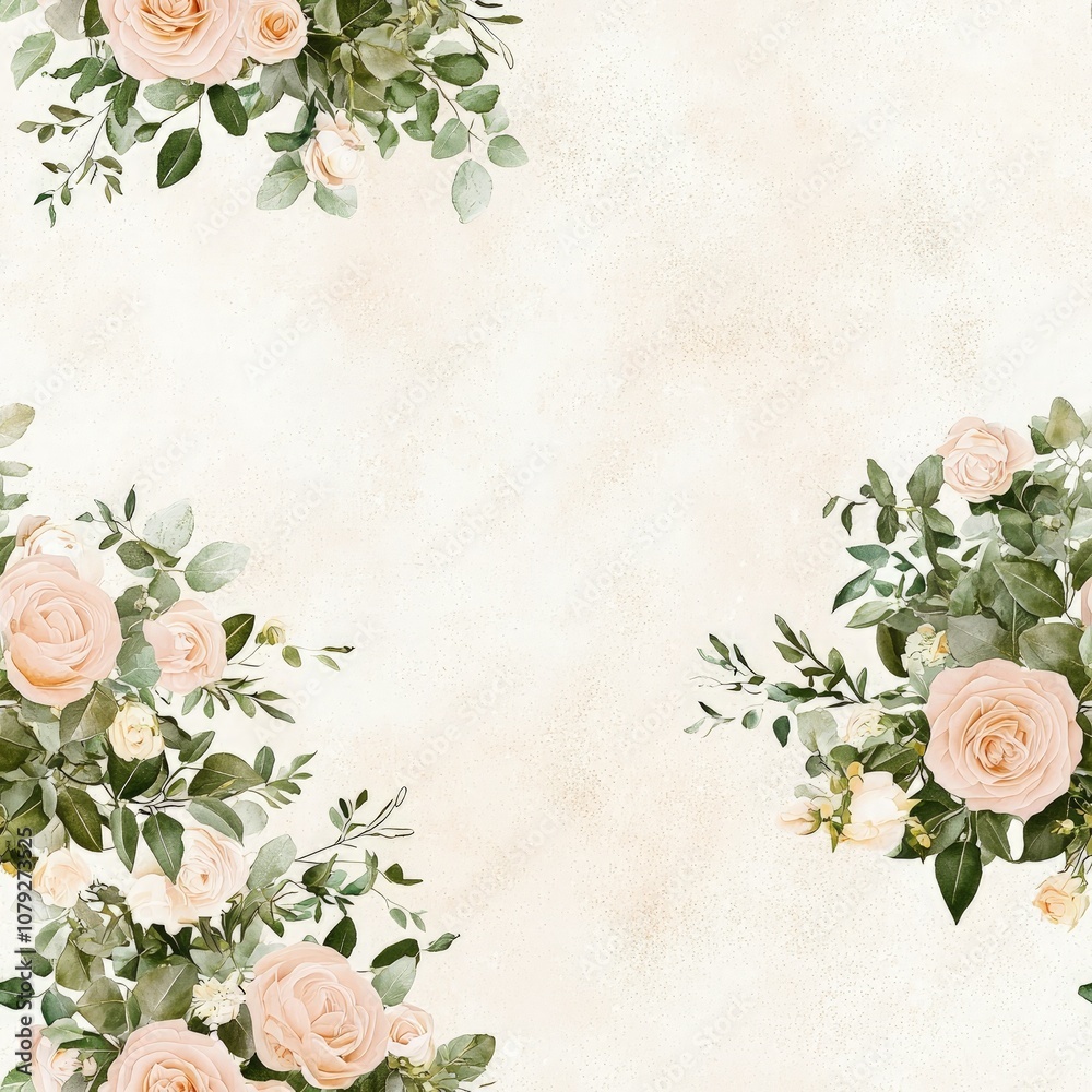 A soft floral pattern featuring blush roses and green foliage on a cream background, perfect for vintage decor and design. A soft floral pattern featuring blush roses and green foliage on a cream background, perfect for vintage decor and design.