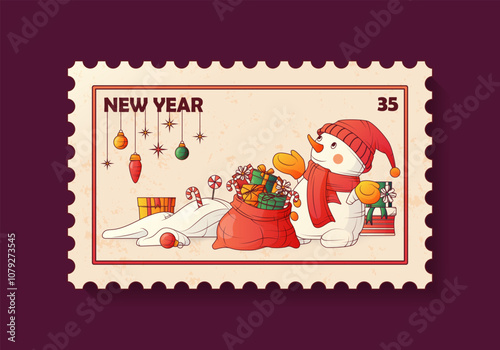 New year postage stamp with illustration of snowman with presents. Vector illustration perfect for design of envelope decoration. Merry Christmas, cozy winter, New Year concept.