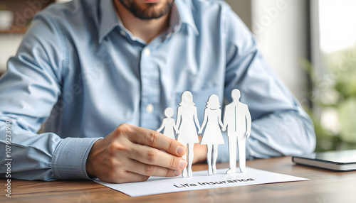 Man holding cutout paper family at table, closeup. Life insurance concept isolated with white highlights, png