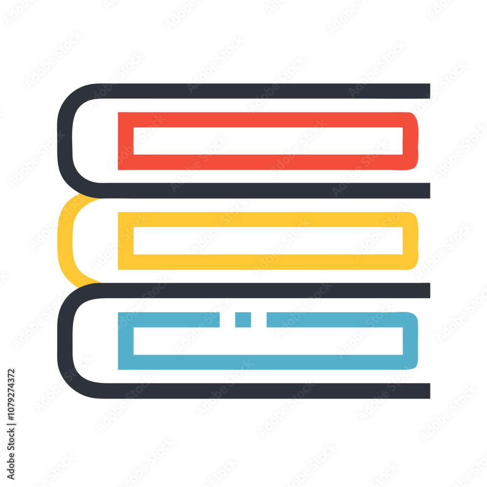 Stylized vector icon depicting three stacked books in bright colors, representing education, learning, and knowledge sharing in a digital format Stylized vector icon depicting three stacked books in bright colors, representing education, learning, and knowledge sharing in a digital format