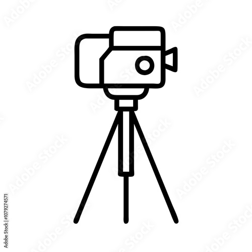 Vector icon of a classic camera mounted on a tripod, symbolizing photography and videography equipment commonly used by professionals both indoors and outdoors